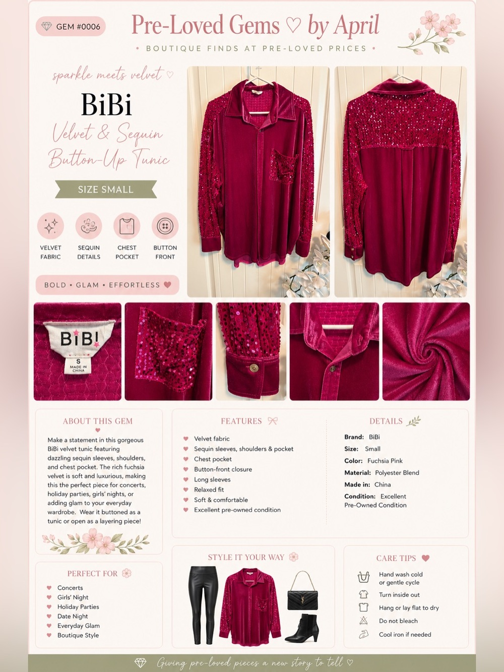 BiBi Hot Pink Velvet Sequin Sleeve Pocket Button Down Shirt M